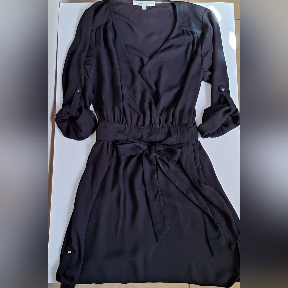 Daniel Rainn Belted Wrap Dress Pockets 3/4 Sleeve Surplice Office Black XS